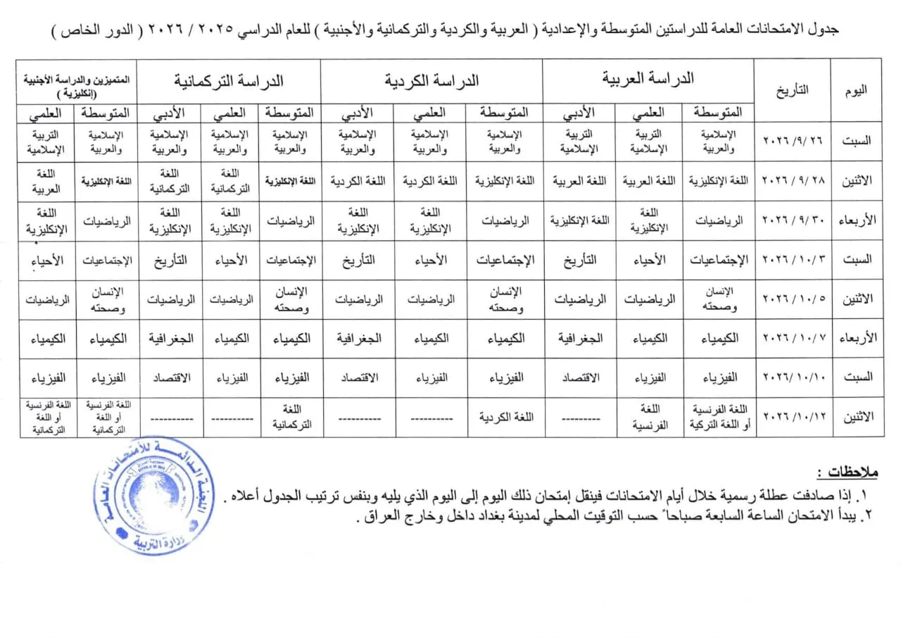 وزارة التربية تعلن جدول امتحانات الدور الخاص للدراستين المتوسطة والإعدادية